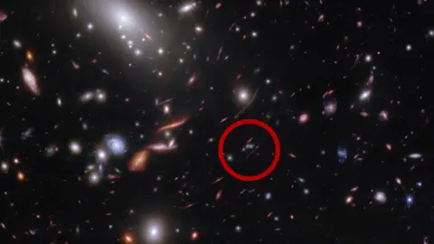 NASA In this image from NASA’s James Webb Space Telescope, thousands of glimmering galaxies are seen within a massive galaxy cluster against the dark backdrop of Space. There is a red circle on the image signalling where the Firefly Sparkle galaxy is located within the cluster.