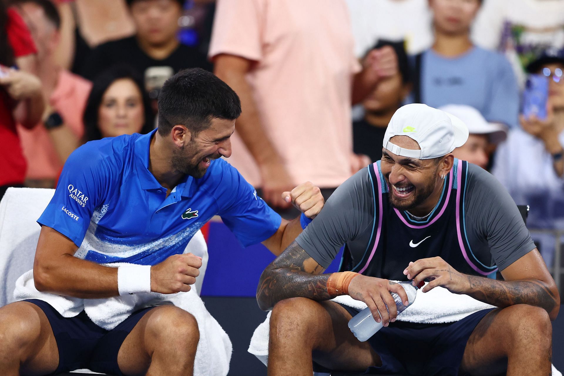 Novak Djokovic (L) and Nick Kyrgios pictured at the 2025 Brisbane International | Image Source: Getty