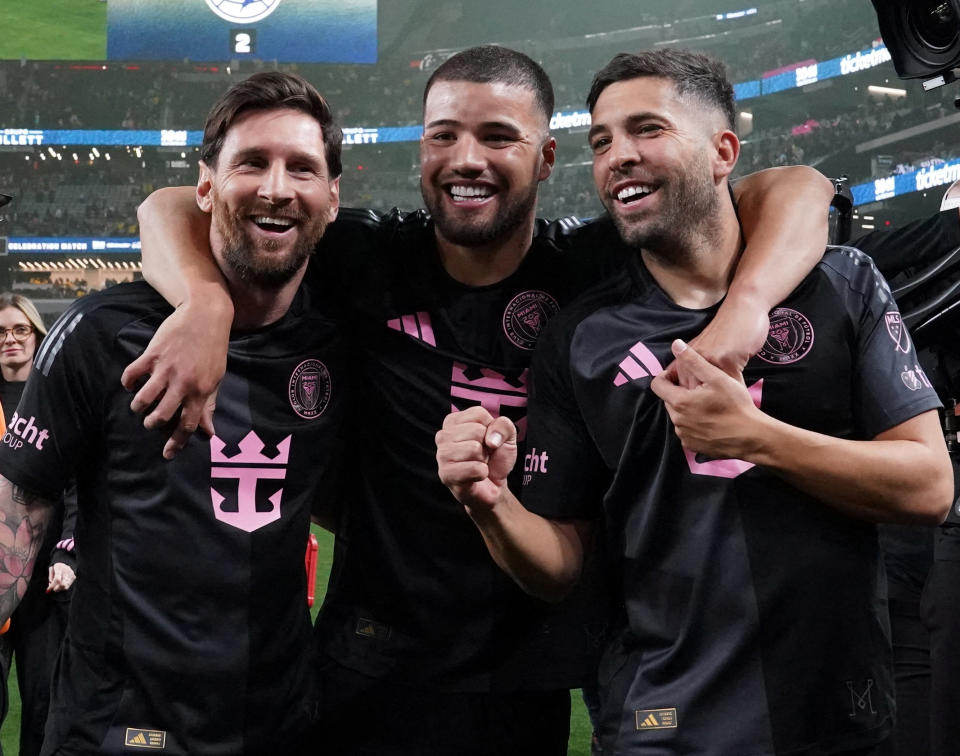 Jan 18, 2025; Las Vegas, Nevada, USA; Inter Miami CF forward Lionel Messi (10), Inter Miami CF defender Marcelo Weigandt (57), and Inter Miami CF defender Jordi Alba (18) walk off the field celebrating after the penalty kick winner against Club America at Allegiant Stadium. Mandatory Credit: David Gonzales-Imagn Images     TPX IMAGES OF THE DAY