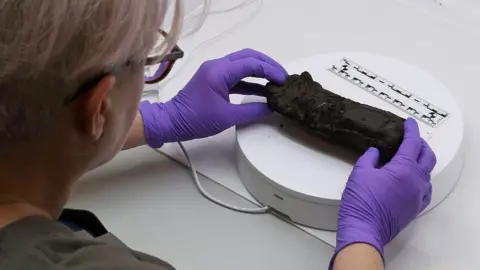 Bodleian library A scroll from ancient city of Herculaneum sitting on a white circular tray at the Bodleian library.   It is about about 15cm long and about 3cm wide. It is dark brown and appears very charred, resembling a lump of charcoal. A woman with purple gloves is handling it. 