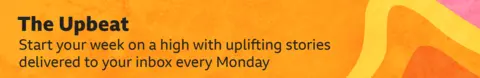 Thin, yellow, orange and pink banner promoting the Upbeat newsletter with text saying, “Start your week on a high with uplifting stories delivered to your inbox every Monday”. There is a pattern of shapes and different shades of colour on the right of the text.