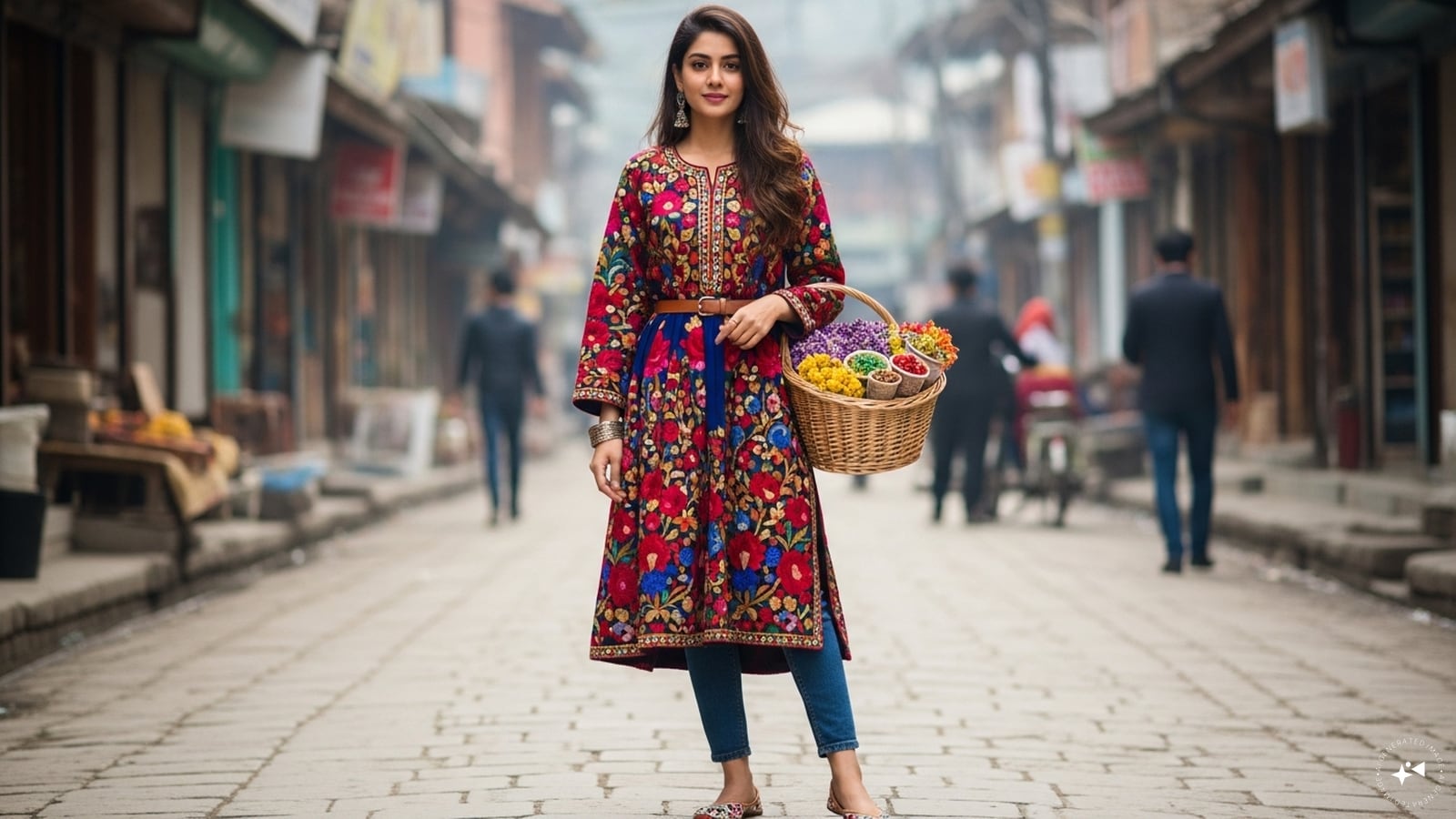 Belted Modern Silhouette: Transform the flowing Pheran into a chic outfit by adding a statement belt at the waist. This instantly creates shape and sophistication, making it ideal for casual outings or evening dinners while maintaining the garment’s cozy charm.