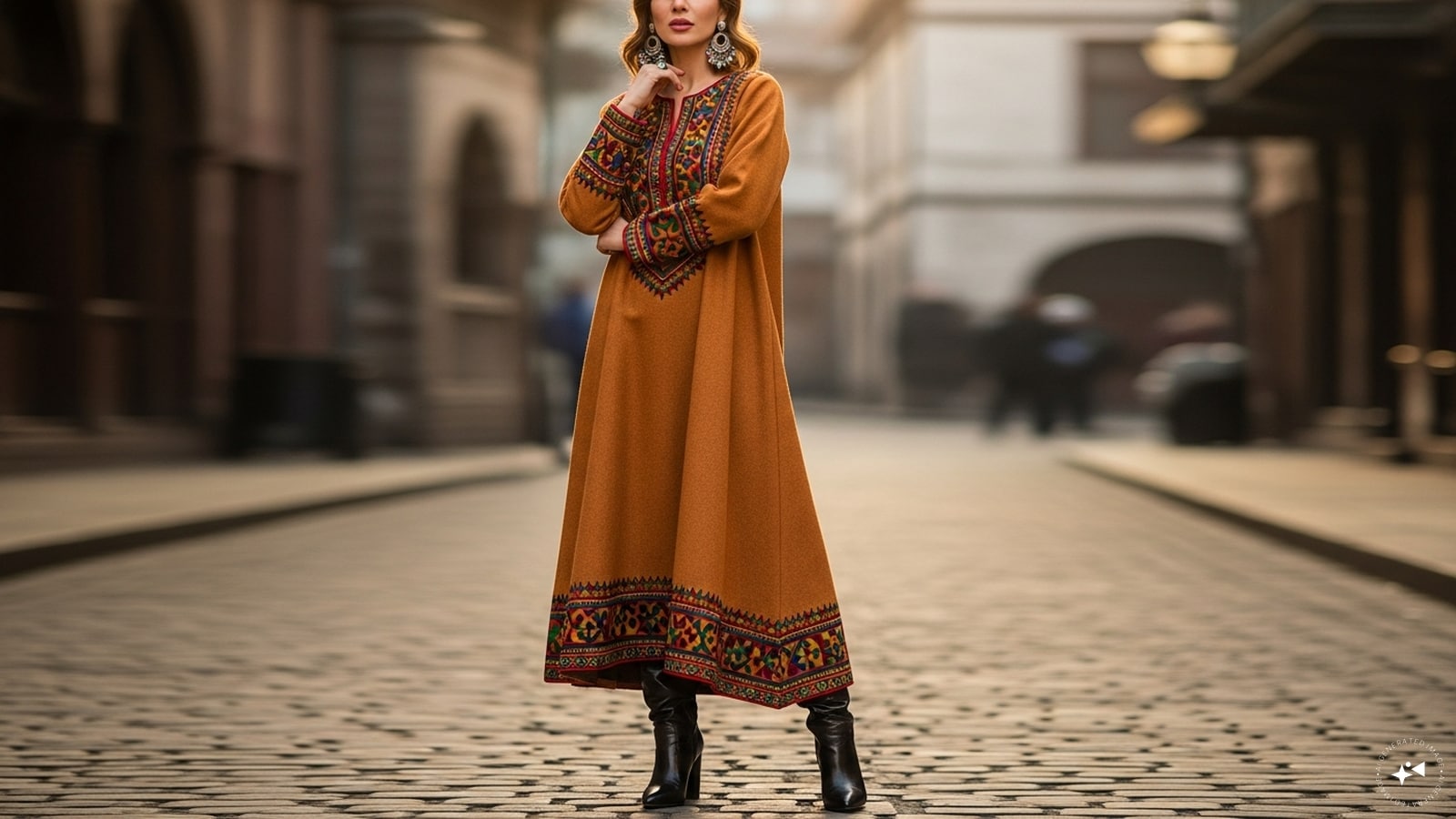 Indo-Western Maxi Style: Wear a long Pheran as a maxi dress by pairing it with stylish boots and statement earrings. This Indo-Western approach fuses comfort with glamour, making it suitable for parties, exhibitions, or casual evenings when you want to stand out.
